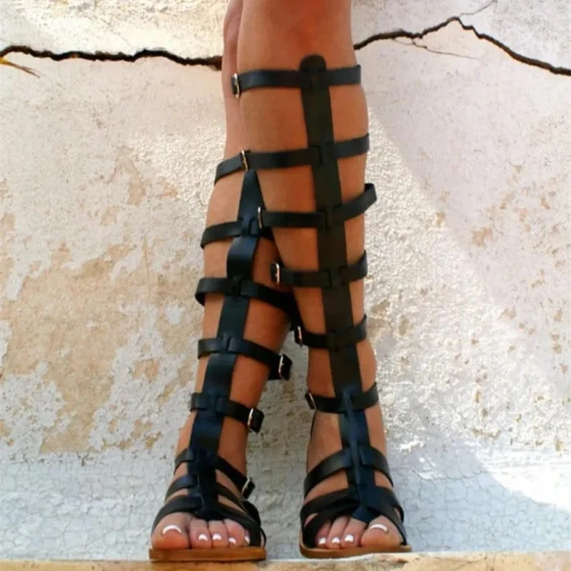 New Roman T Strap Gladiator Knee High Sandals Black Buckle Strap Flat Sandals Boots Summer Beach Casual Flat Shoes Woman 2020