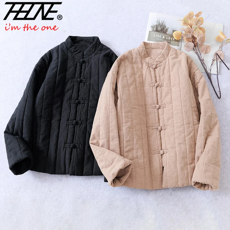 THHONE Autumn Winter Jacket Parkas for Women Clothes Thicken Padded Coat Stand Collar Buckle Casual Loose Chinese Style Buckle