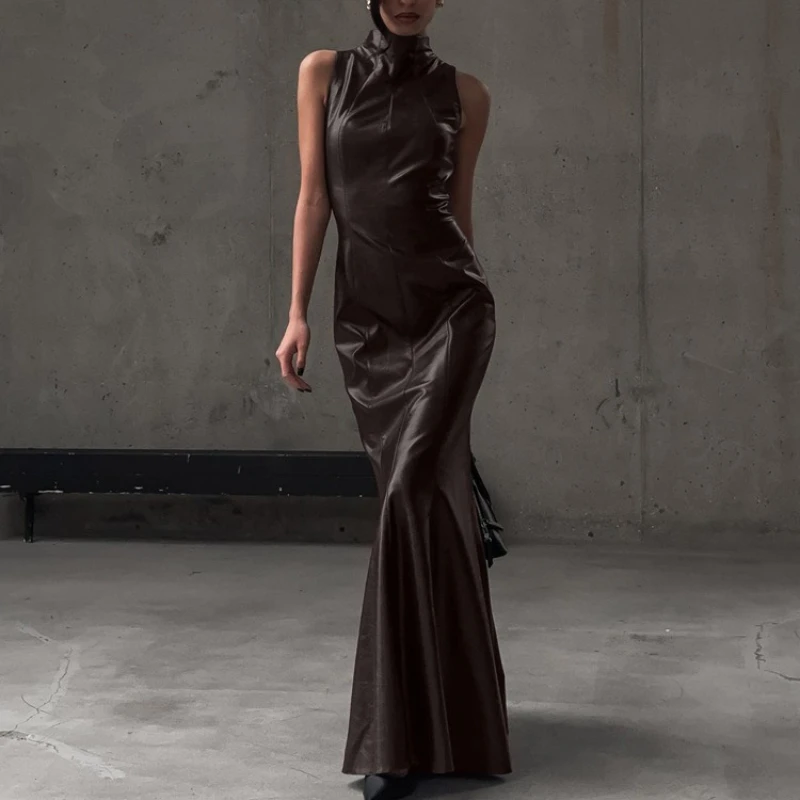 

TARUXY PU Leather Sleeveless Vest Dress Women's Stylish Stand Collar High Waisted Sexy Bodycon Maxi Dress Summer Street Dress