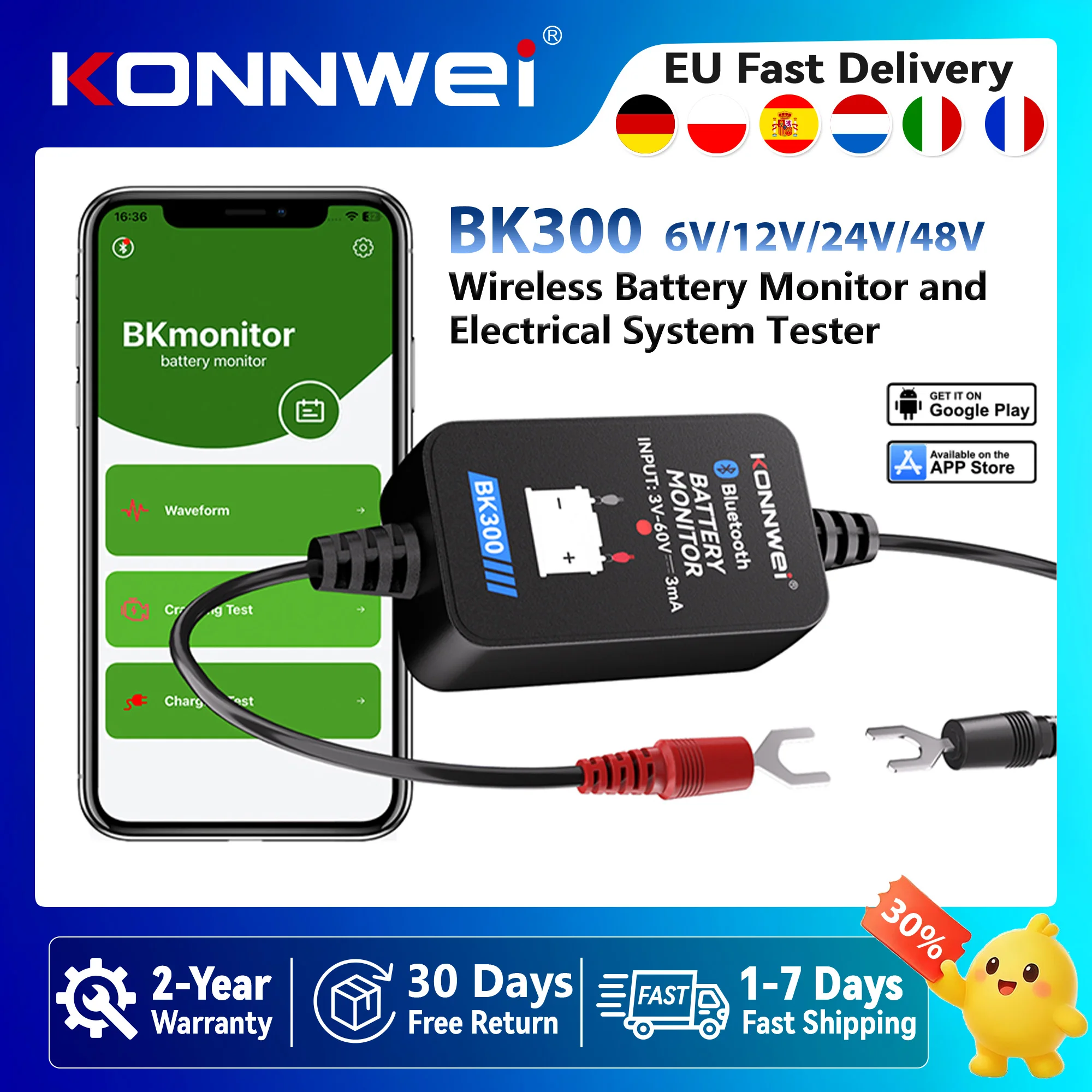 KONNWEI BK300 Strumento Bluetooth 5.0 per il monitoraggio della batteria dell'auto 6V/12V/24V per auto, camper, moto, camion e barche, tester della batteria con app mobile per Android/iOS, spedizione