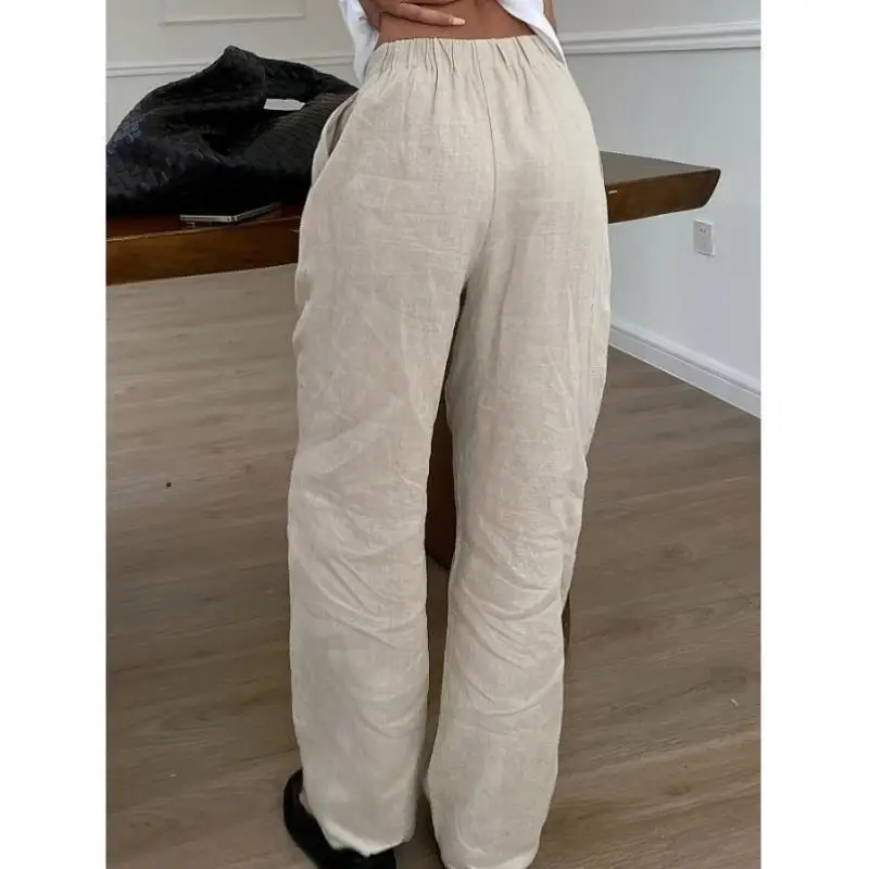 กางเกงผ้าลินินลำลองทรงตรงสำหรับผู้หญิง สไตล์ใหม่ล่าสุดสำหรับฤดูใบไม้ร่วง ไม่มีซิป