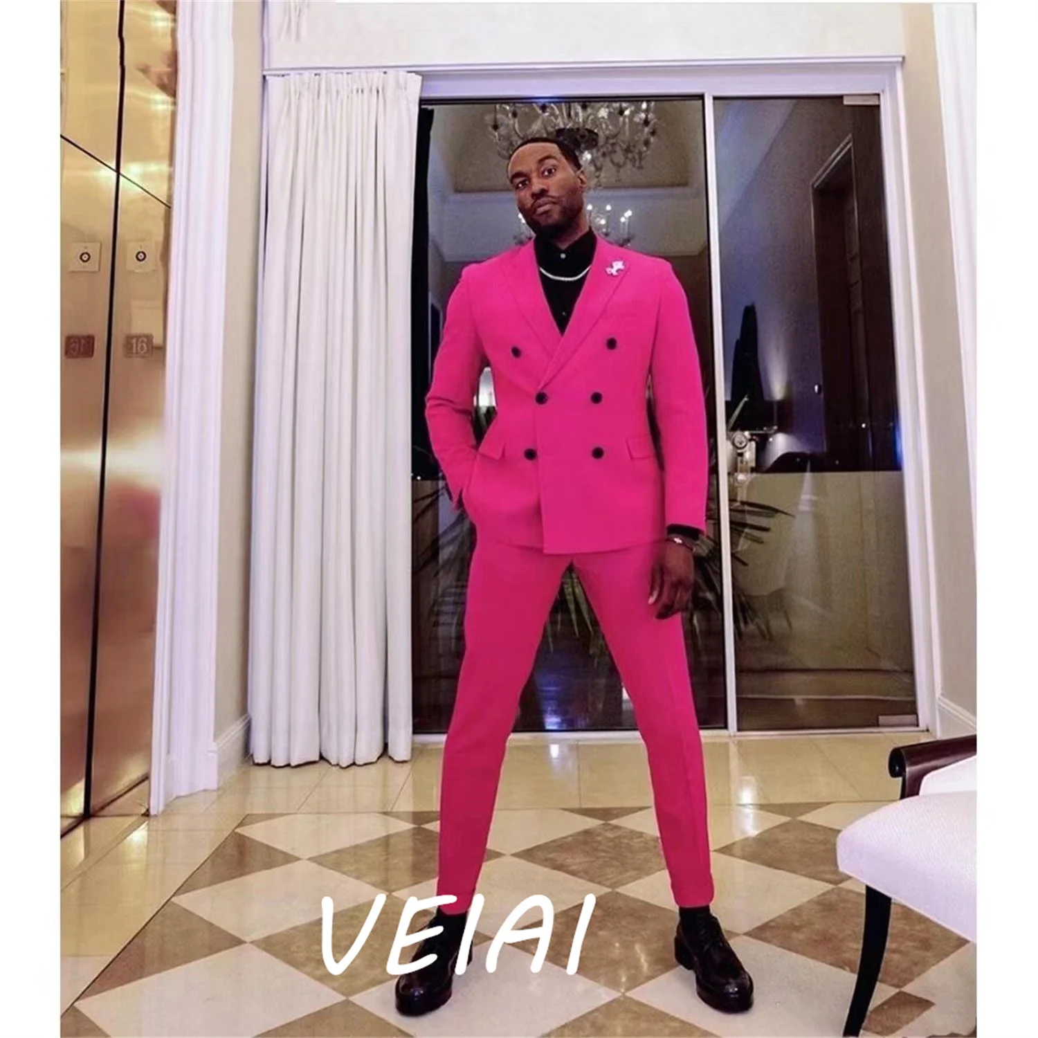 

CustomizedFuchsia Men Suit 2 Piece Peaked Lapel Double Breasted Prom Suits Slim Fit Blazer Jacket Men Tuxedos Groom Wedding Suit