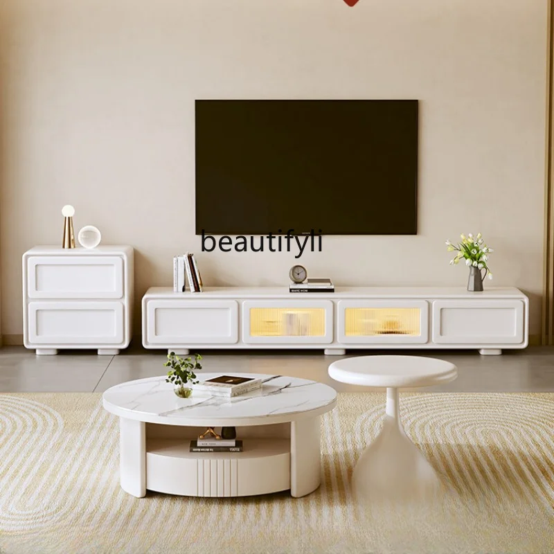 

Floor TV Cabinet Cream Style Modern Minimalist Living Room Home Small Apartment Coffee Table TV Stand Combination furniture