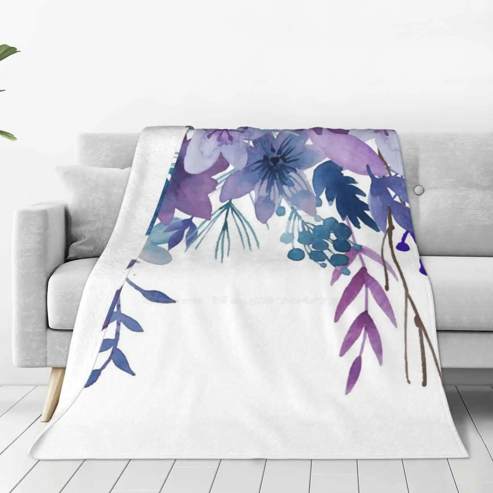 Blue Purple Flowers For Home Sofa Bed Camping Car Plane Travel Portable Blanket Watercolor Floral Bouquet Modern Wild Aquarel