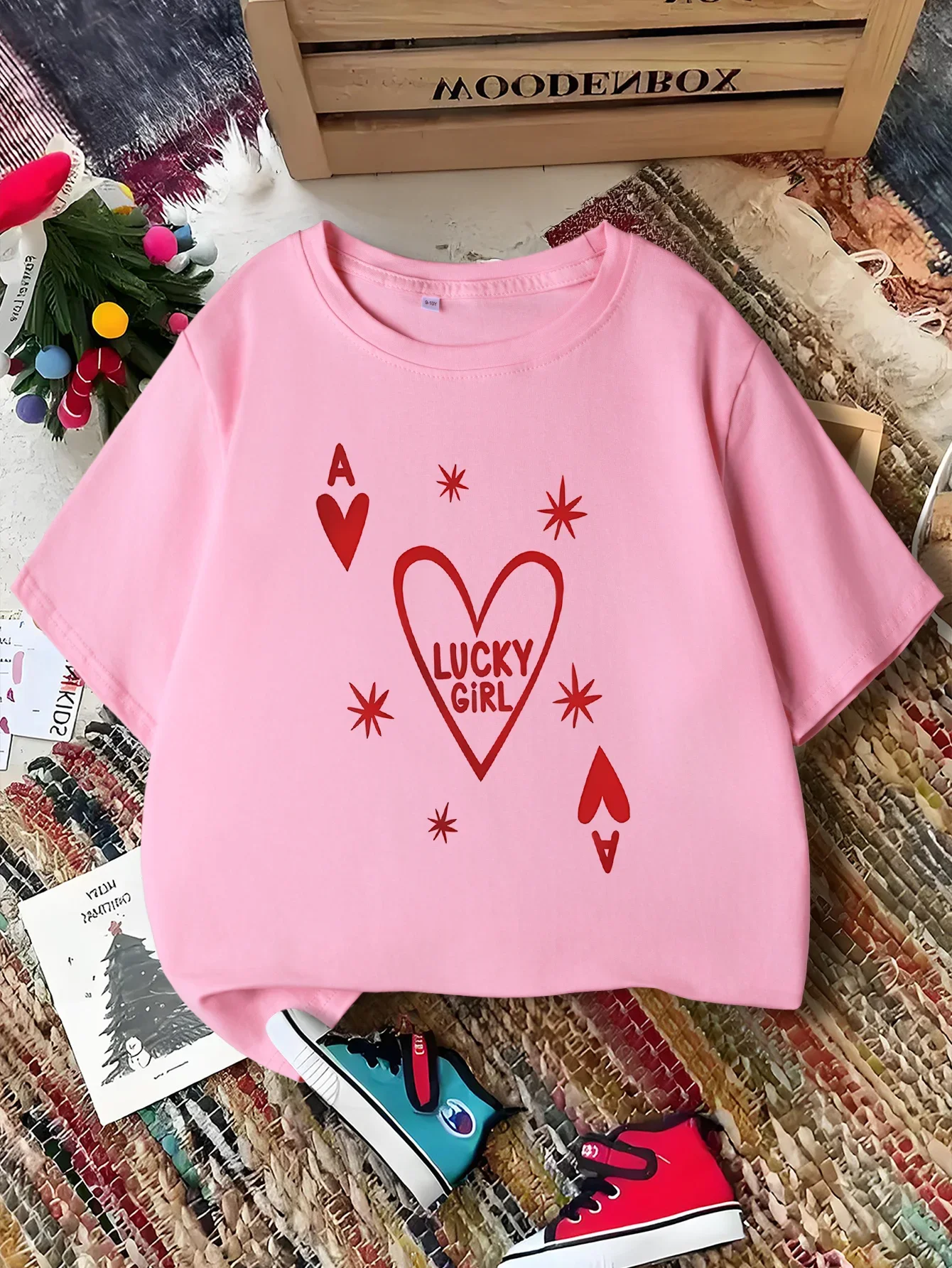 Heart Ace Lucky Girl Print Kid Tee Boys Girls Family Matching Short Sleeve Breathable Soft Casual Daily Parent Child Comfort Top