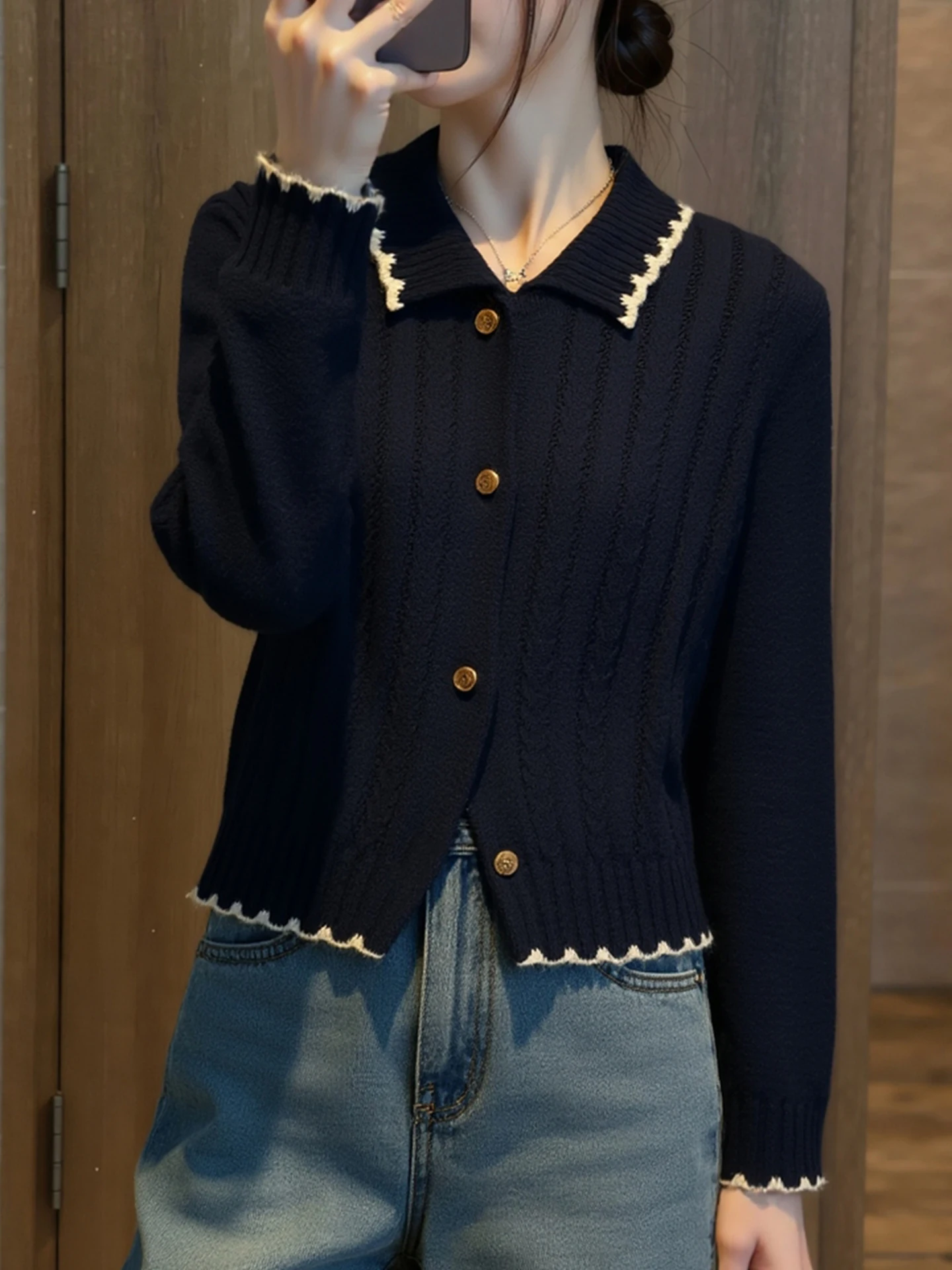 

Длинный вязаный кардиган с воротником-стойкой, женский зимний модный свитер для колледжа Sle Design, камуфляжный свитер молодежного образа