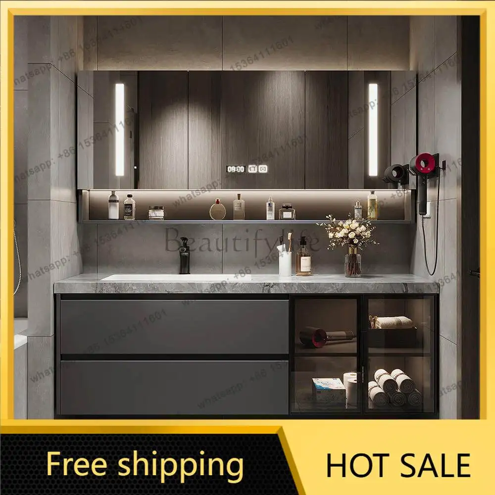 Hotel-Style Light Luxury Bathroom Vanity Set with Hot-Bent Sintered Stone Integrated Basin Intelligent Wash Sink