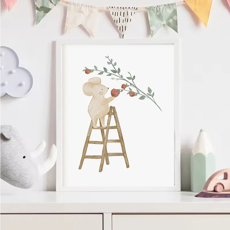Modern Boho Cartoon Farm Animals Wall Art Poster Canvas Painting Rabbit Bear Bee Flower Posters Prints for Baby Kids Room Decor