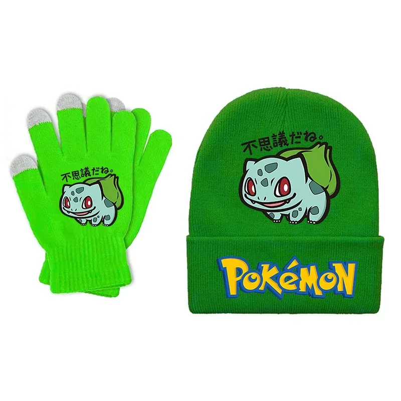 2-teiliges Set aus gestrickter Mütze und Handschuhen, Pokémon-Cartoon-Motiv, für Jungen und Mädchen, gestrickte Mütze, Anime-Handschuhe, modisches Accessoire für Kinder, warme Winteraccessoires,