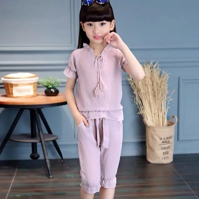 Girls Clothes Set Summer Short Sleeved + Trousers Pants 2 PCS Children Clothing for Girl Teen Kids Girls Clothes 8 10 11 12 Year