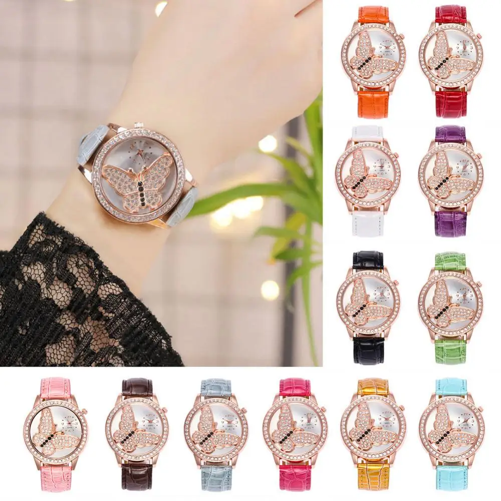 

Romantic Rhinestone Butterflies Wrist Watch Faux Leather Band Analog Women Quartz Wristwatch Women Watches Ladies Casual Watch