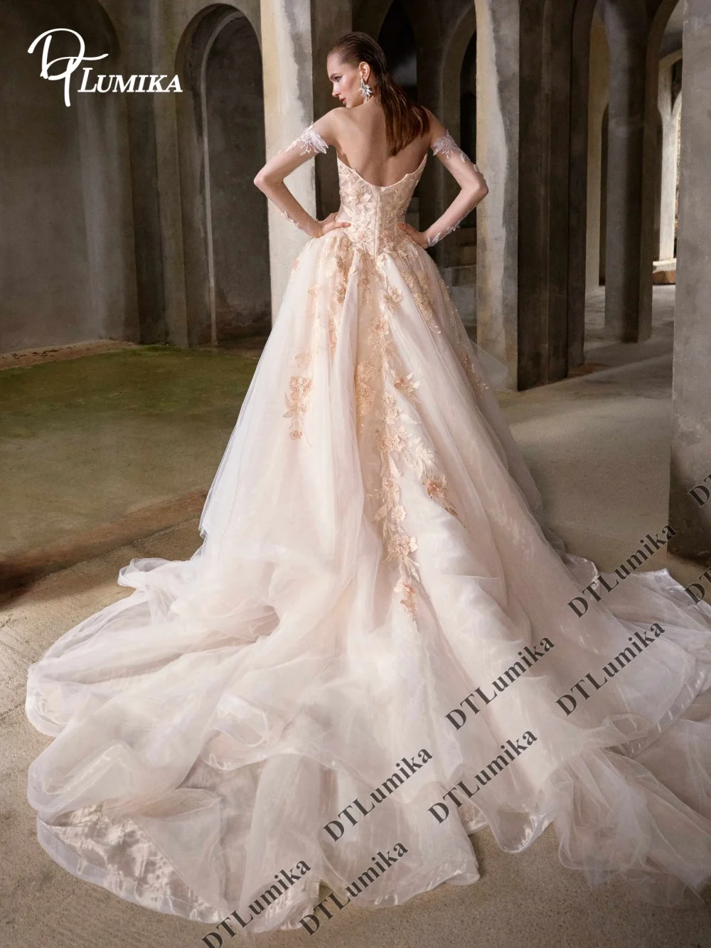 Romantic Champagne Lace Wedding Dress Sheer Long Sleeves Open Back Ball Gown Cathedral Train Floral Appliques Custom Bridal Gown