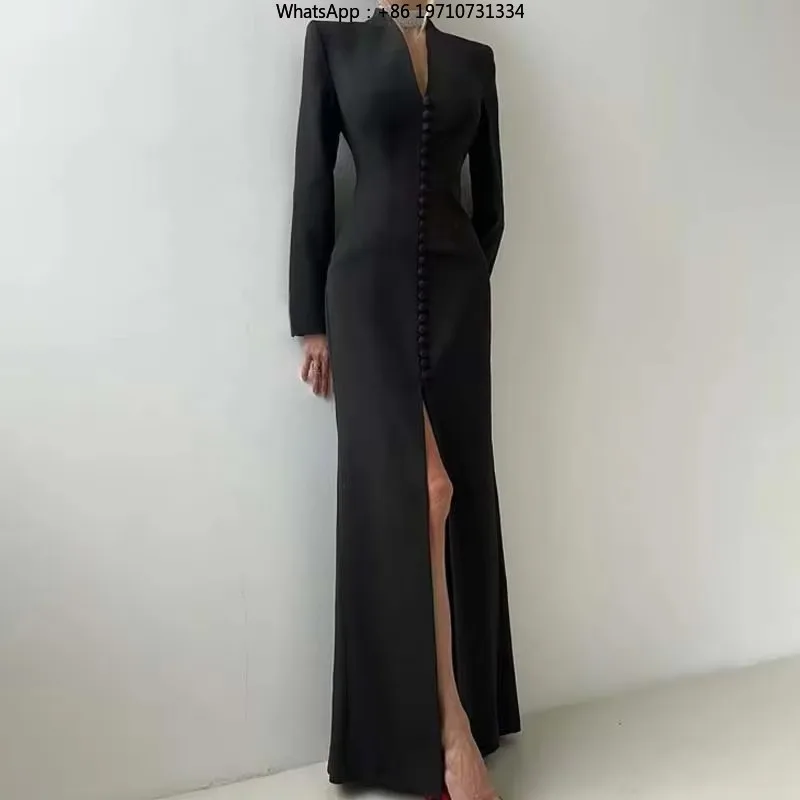 Luxury V-neck Single Breasted Banquet Dress French Style Simple Slim Party Dress Lady Half Sleeve High Waist Split Commute Dress