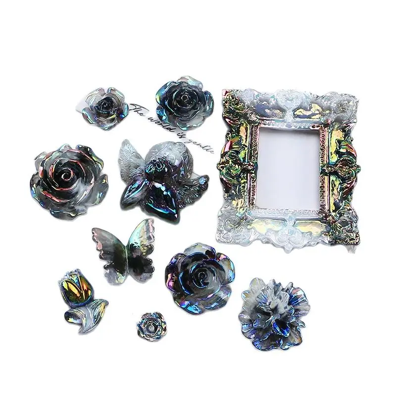 Mabe Estilo Clássico Resina Cabochão Enfeites, DIY Fazer Jóias Artesanato, Flatback Ornamento, Dazzle Preto Barroco, 10pcs