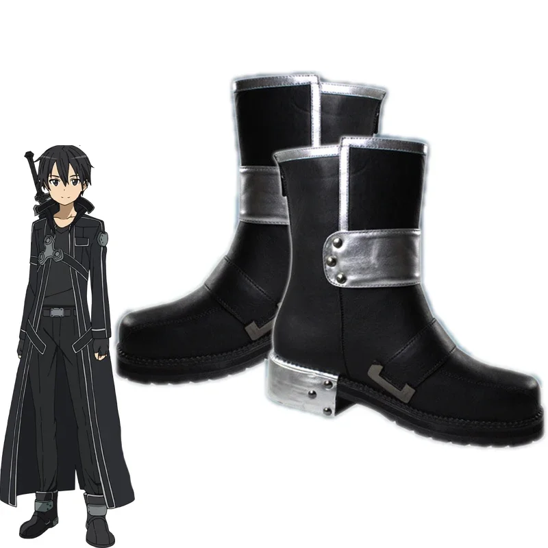 

Anime Sword Art Online Kirigaya Kazuto Cosplay Shoes SAO Kirito Unisex Black Leather High Boots Halloween Costume Props