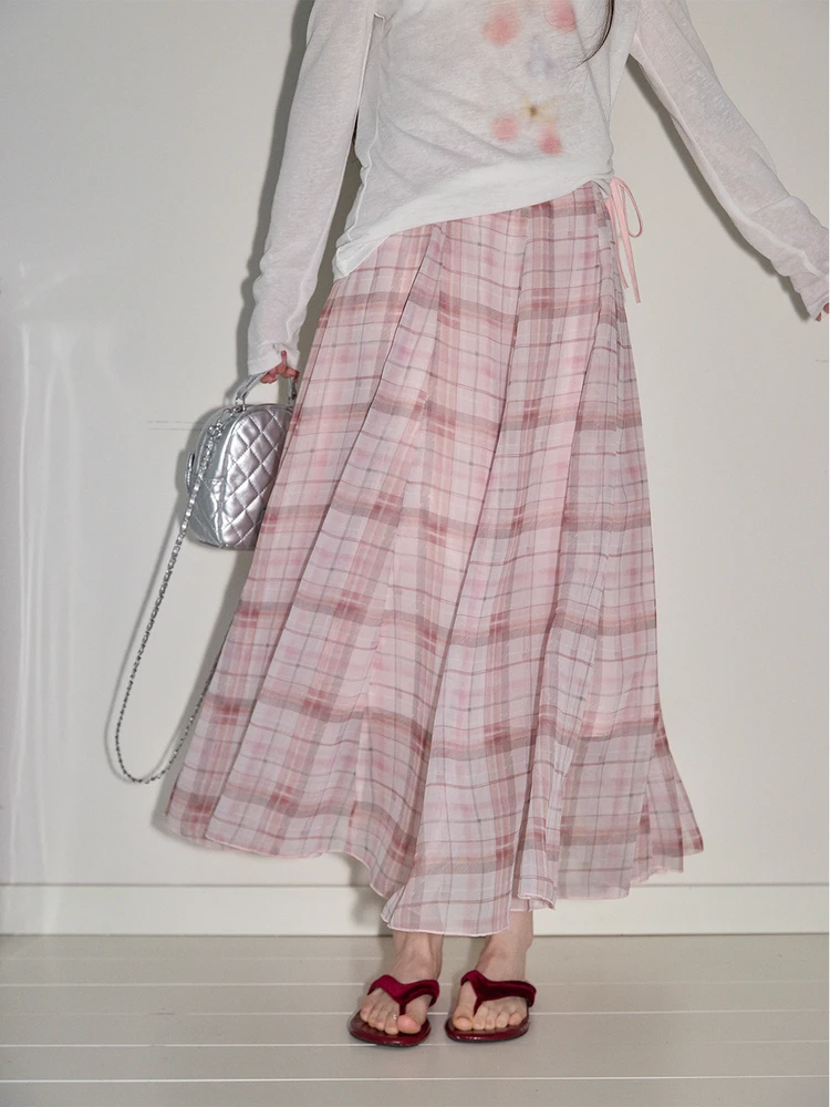 

Retro Pink Plaid A-Line Midi Skirt Women's Spring Sweet High Waist Loose Crossbody Long Skirt Commute Sle Polyester Fiber