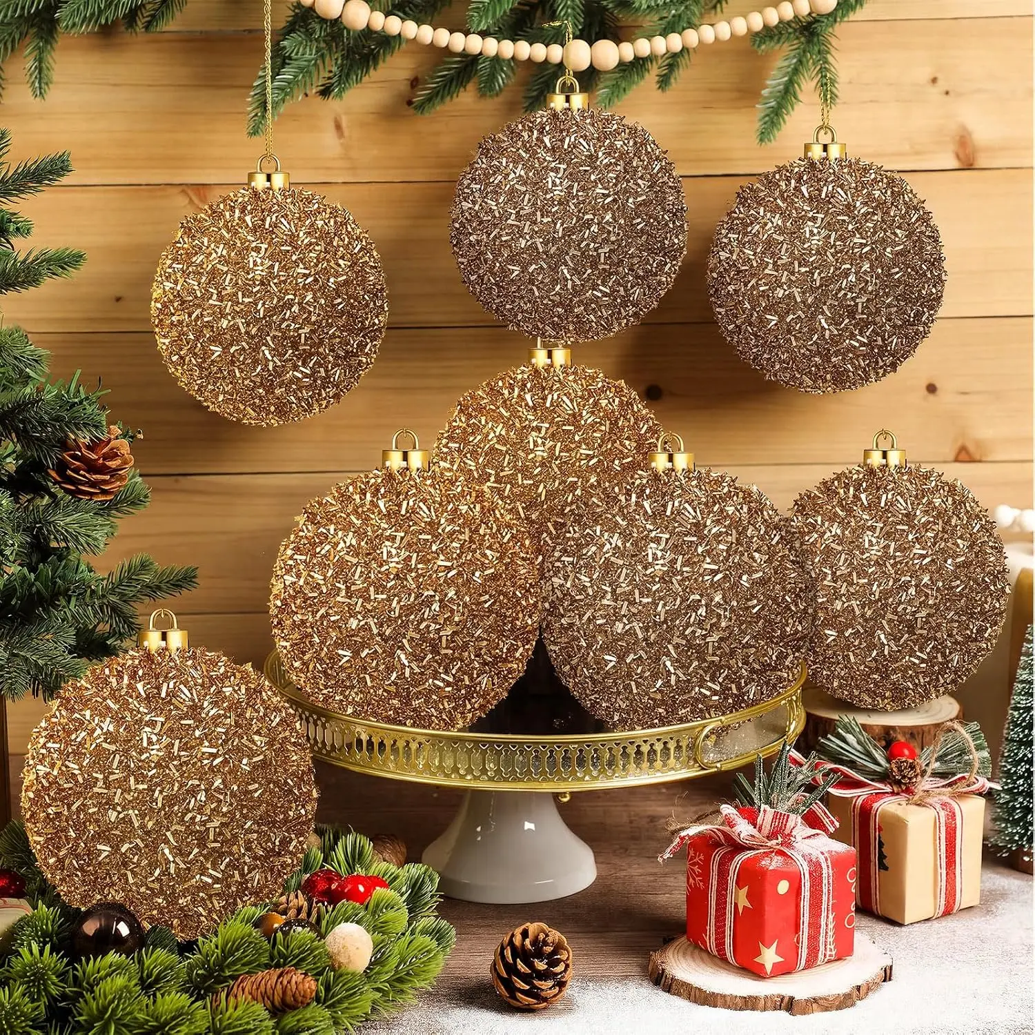 Christmas Ball Ornaments, 8 Pack, 6 Inch, Large Outdoor Glitter & Sequin Decor