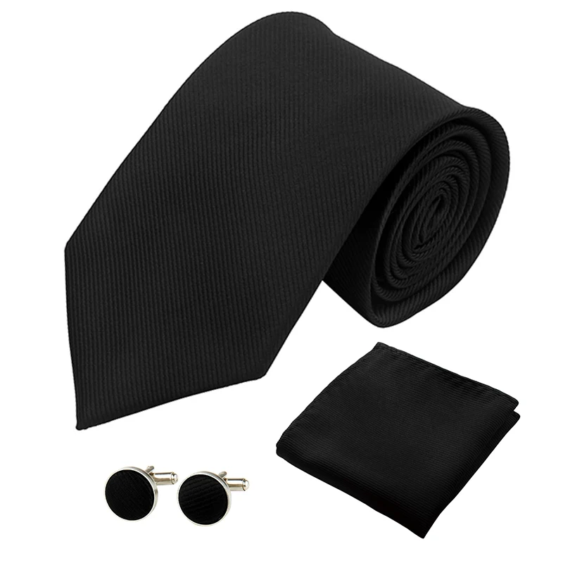 Fashion Tie Set for Men Women 8CM 3.15\'\' Wedding Accessories Silk Solid Striped Black Red Cufflinks Handkerchief Necktie Sets