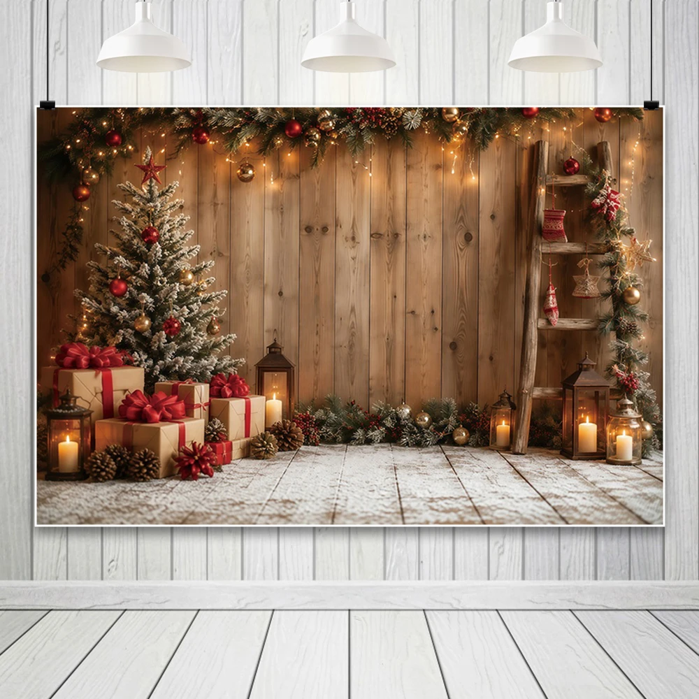 Rustic Christmas Backdrop Wooden Wall Pine Tree Garland Gift Box Lantern Photography Background Holiday Party Photo Booth