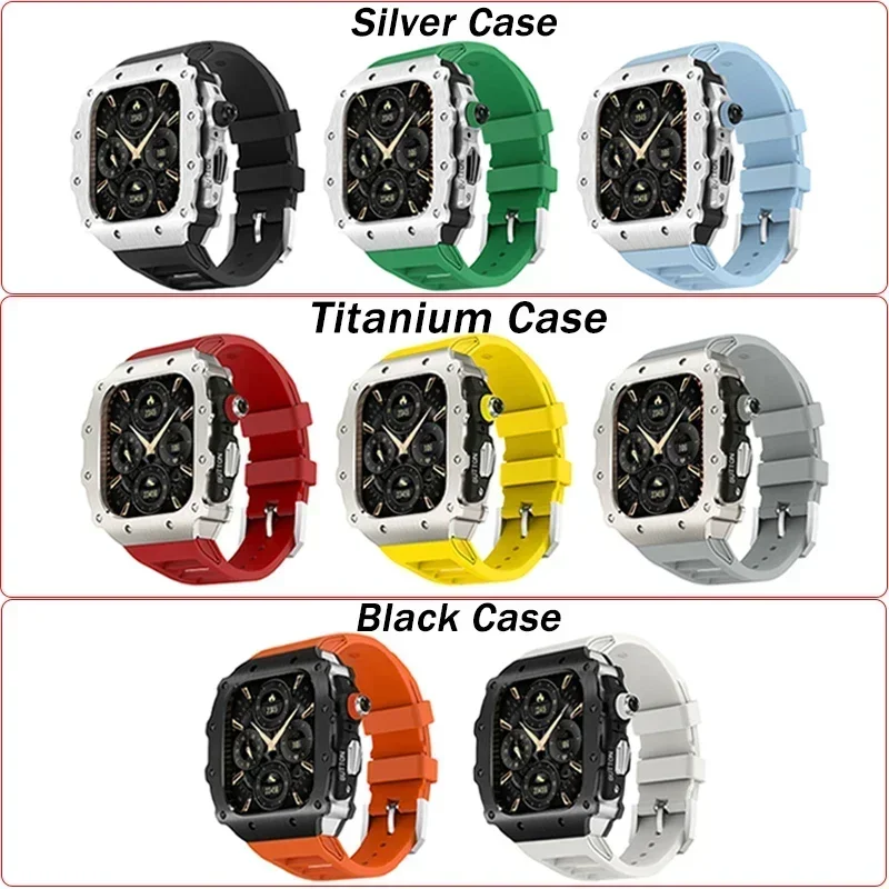 مجموعة تعديل فاخرة لساعة أبل 11 10 46 مللي متر حافظة من الفولاذ المقاوم للصدأ لسلسلة IWatch 9 8 7 6 5 44 45 مللي متر مشبك دبوس السيليكون