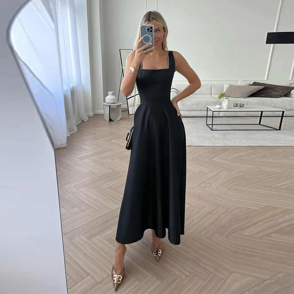 Blue Elegant Princess Regular Straps Robes De Cocktai 2023 Prom Dress Fashion Square Satin Zipper Up فساتين السهرة Ankle-Length