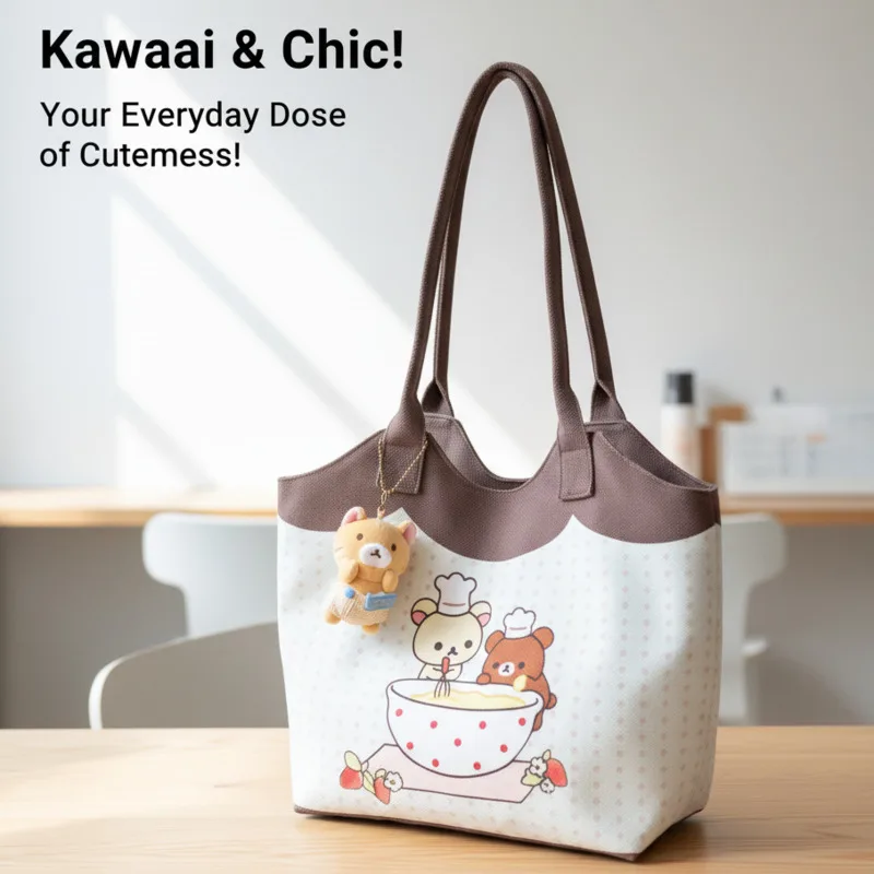 

Rilakkuma Y2K большая сумка с вышивкой и принтом головы, памятная плюшевая сумка в горошек, двусторонняя шерстяная сумка-тоут, новинка