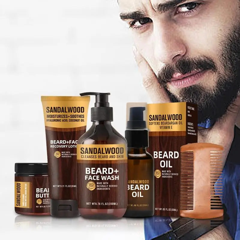 5pcs Beard Care Set Men Beard Oil Mustache Hair Growth Beard Care Comb, Beard Oil, 200ml Beard Cleanser,beard Cream, moisturizer