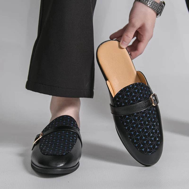 Large Size 48 Mules Men Backless Casual Shoes Loafers Slippers Slip On Closed Toe Leather Outdoor Half Shoes Man Slides Sandal