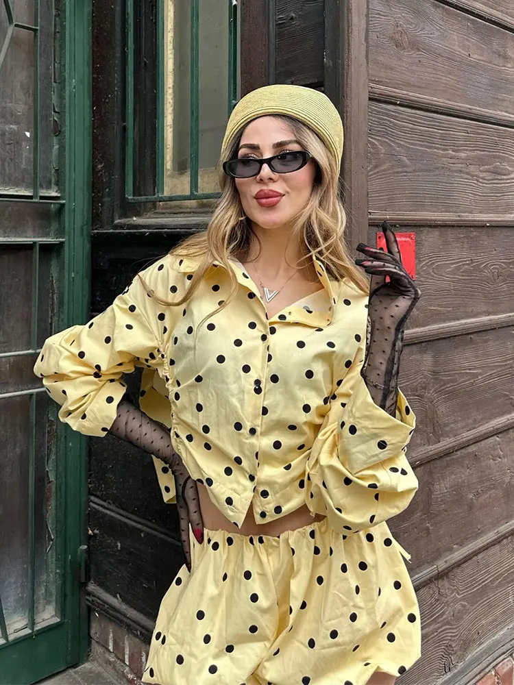 HH Women Trend Polka Dot Coat Shorts Sets Long Sleeve Lace-UP Pleated Jacket Slim Balloon Shorts High Street Woman Yellow Outfit