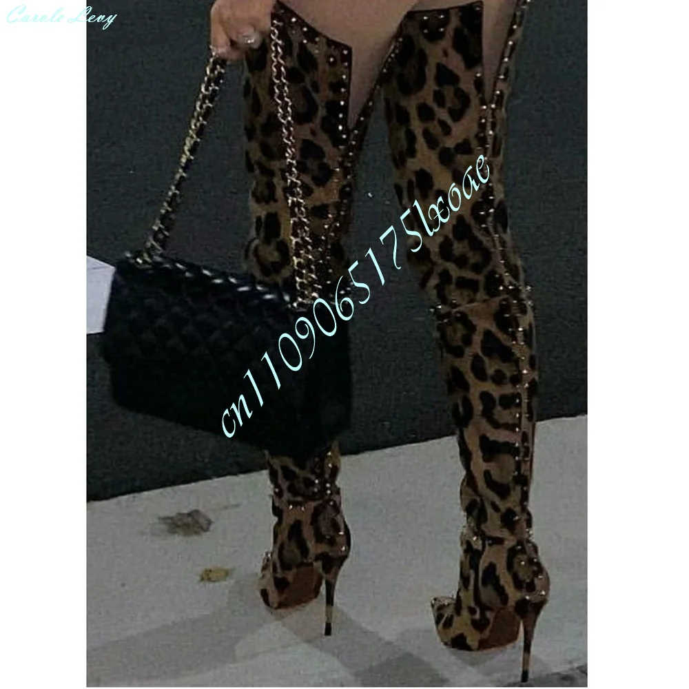 Brown Sexy Leopard Print Rivet Over Knee Thigh High Boots Women Pointed Toe Stiletto Heel Side Zipper Slouch Tall Long Boots
