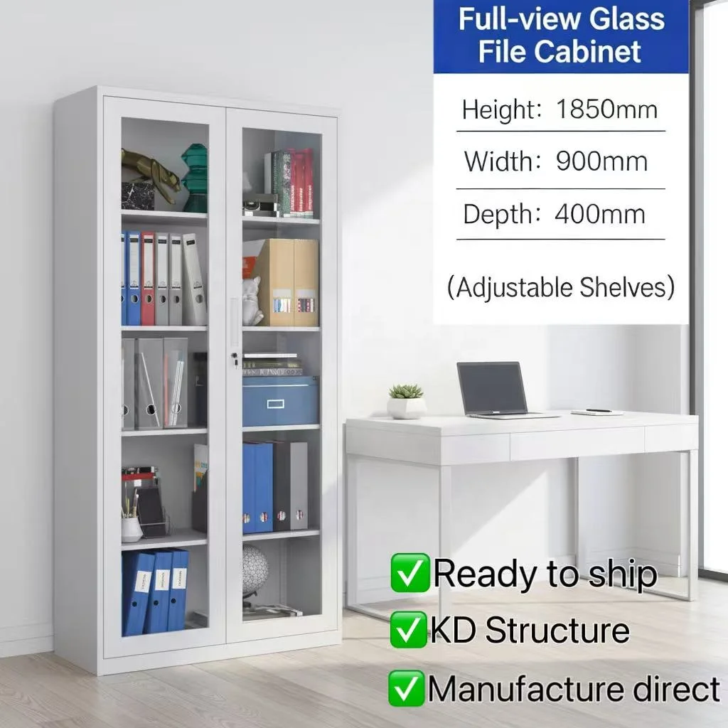 Modern 5-Tier Steel Full Glass Door Lockable Modular Adjustable Storage Cabinet For Office/School/Hospital & Commercial Use