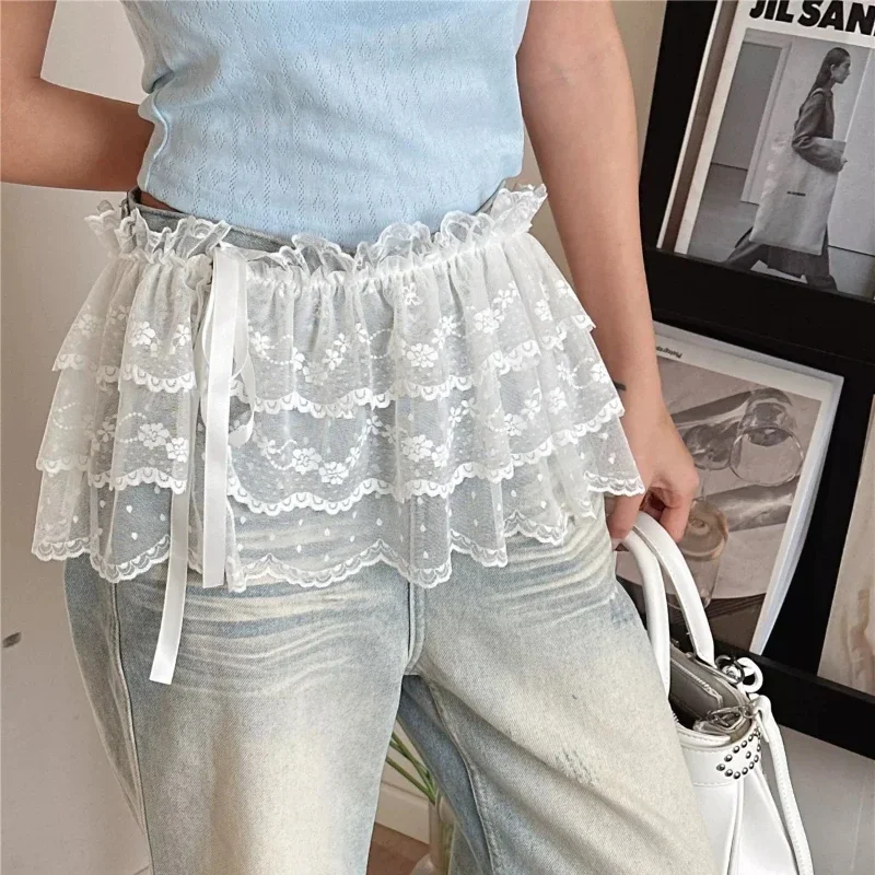 

2025 Белая Y2K Корейская уличная мини-юбка Женская кружевная многослойная плиссированная юбка с высокой талией Harajuku на шнуровке Повседневная многоуровневая накидка