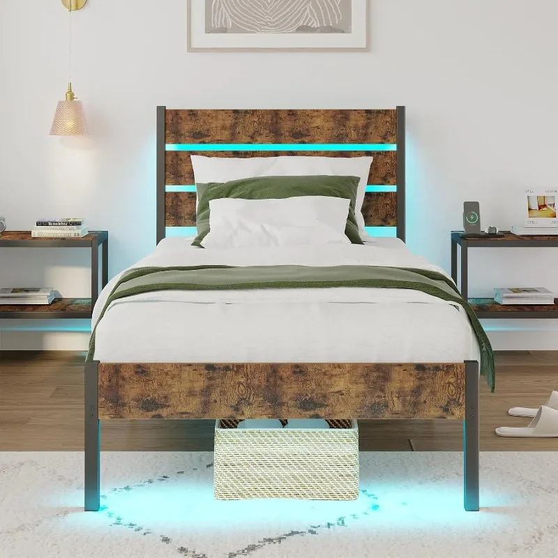 Twin Size Metal Bed Frame with Charging Station, LED Lights & Storage, Easy Assembly, Rustic Brown