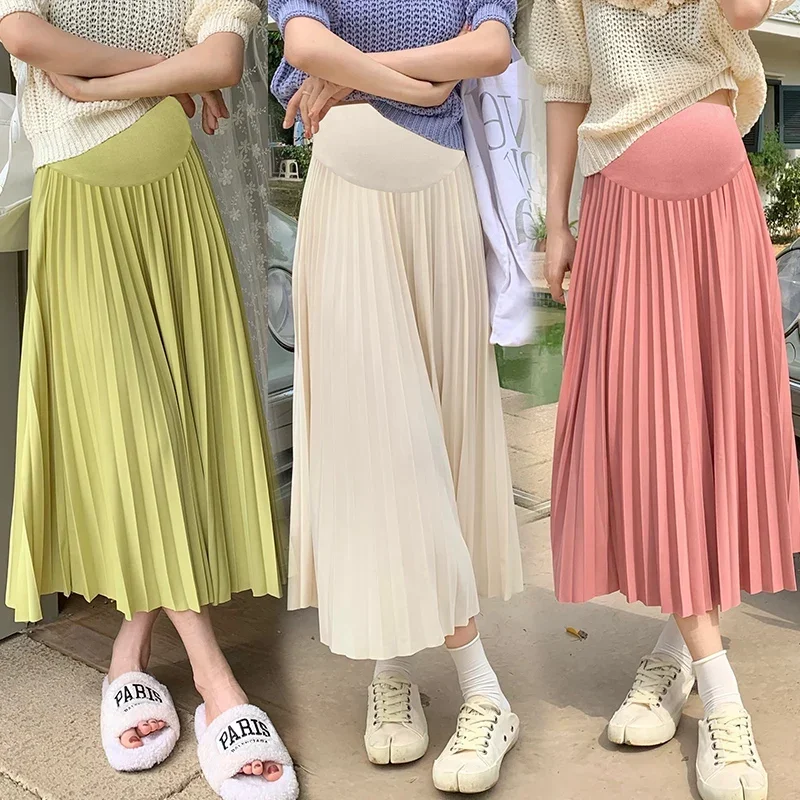 Summer Fashion Pleated Chiffon Maternity Skirts Elastic Waist Belly Bottoms Clothes for Pregnant Women A Line Casual Pregnancy