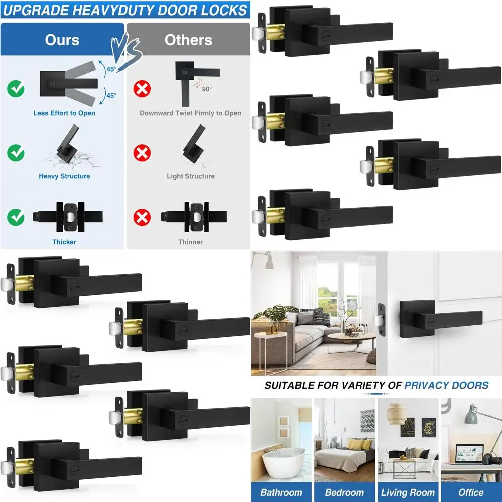 

Matte Black Door Handles, Keyless Interior Knobs, Privacy Lever Locks for Bedrooms & Bathrooms, Heavy-Duty Square Locks (2.0lb),