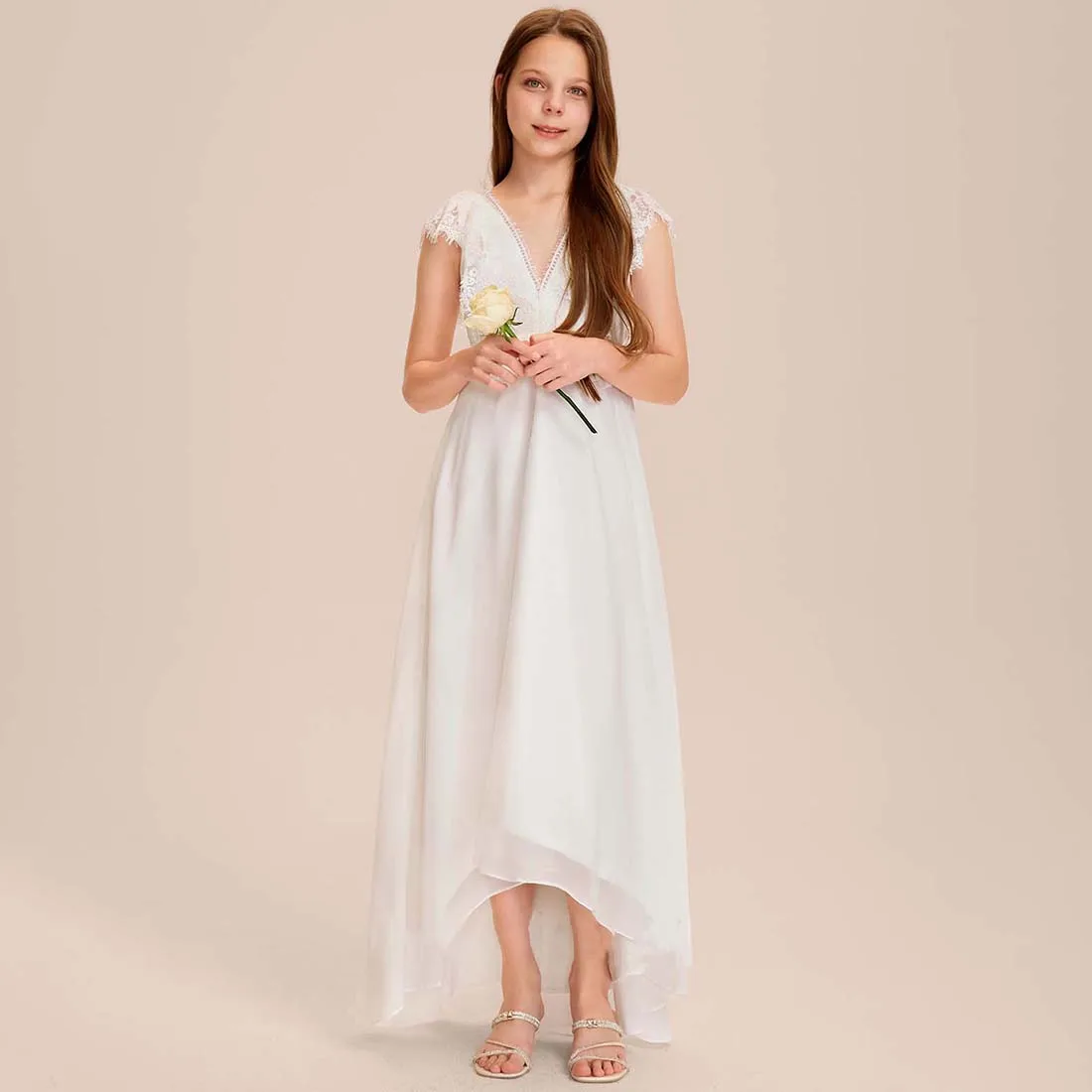 YZYmanualroom Flower Girl Dress Junior Bridesmaid Dress A-line V-Neck Asymmetrical Chiffon Lace 2-15T