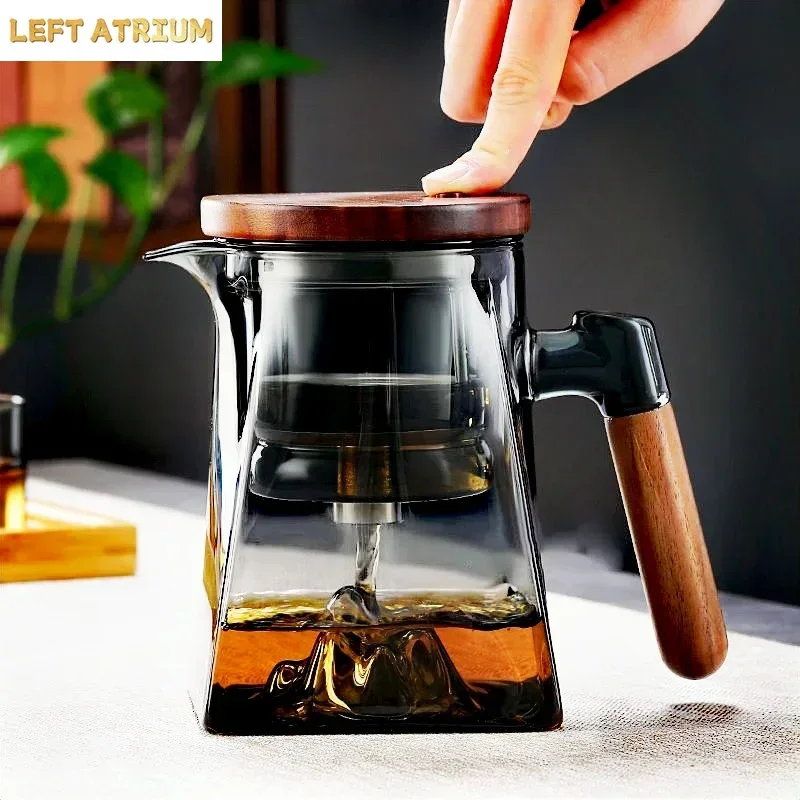 One Click Tea Separation Filtration Bottom Mountain View Glass Teapot With Wood Handle 700ml Kungfu Tea Water Separation Tea Pot