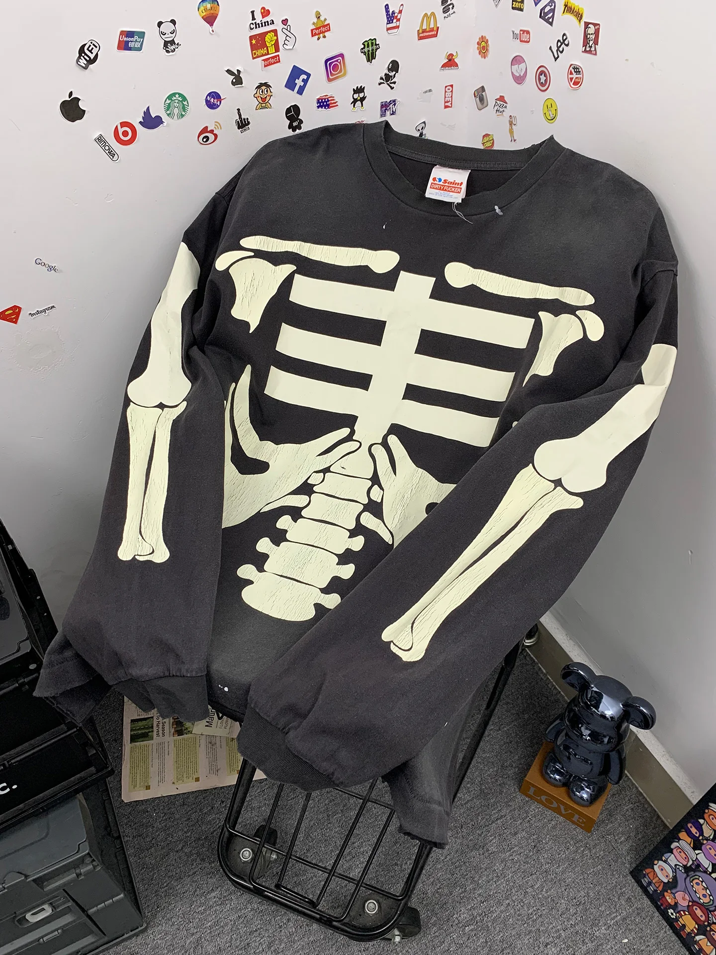 American Street Style Night Glow Skeleton Print Crack Washed Vintage Loose Long Sleeve T-Shirt Cotton Casual Leisure Top