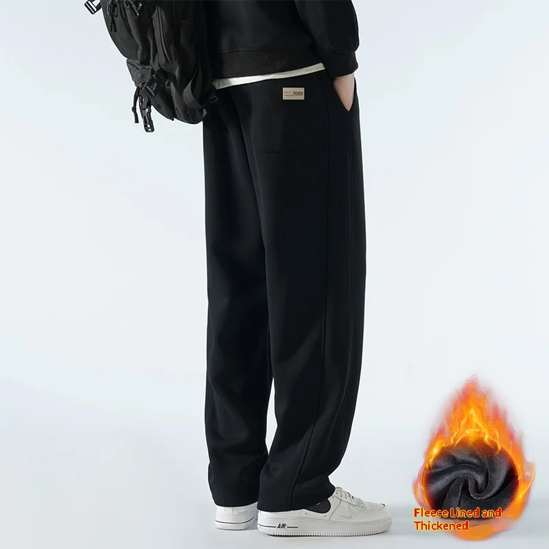 

Осенние и зимние хлопковые прямые спортивные штаны, мужские широкие брюки для спорта и отдыха, утолщенные универсальные брюки для мужчин