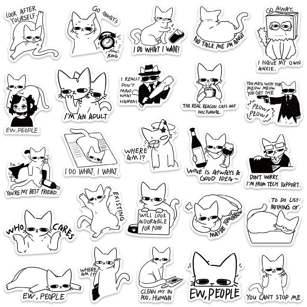 50pcs Funny Cartoon Animal Cat Meme Stickers For Water Bottle Laptop Luggage Notebook Bicycle Waterproof Vinyl Car Decals