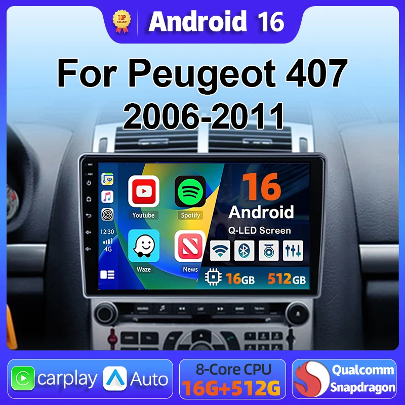 Android 16 For Peugeot 407 CC 407CC SW 2004-2011 CarPlay Car Radio Multimedia Navigation Video DVD Autoradio Stereo BT Head Unit