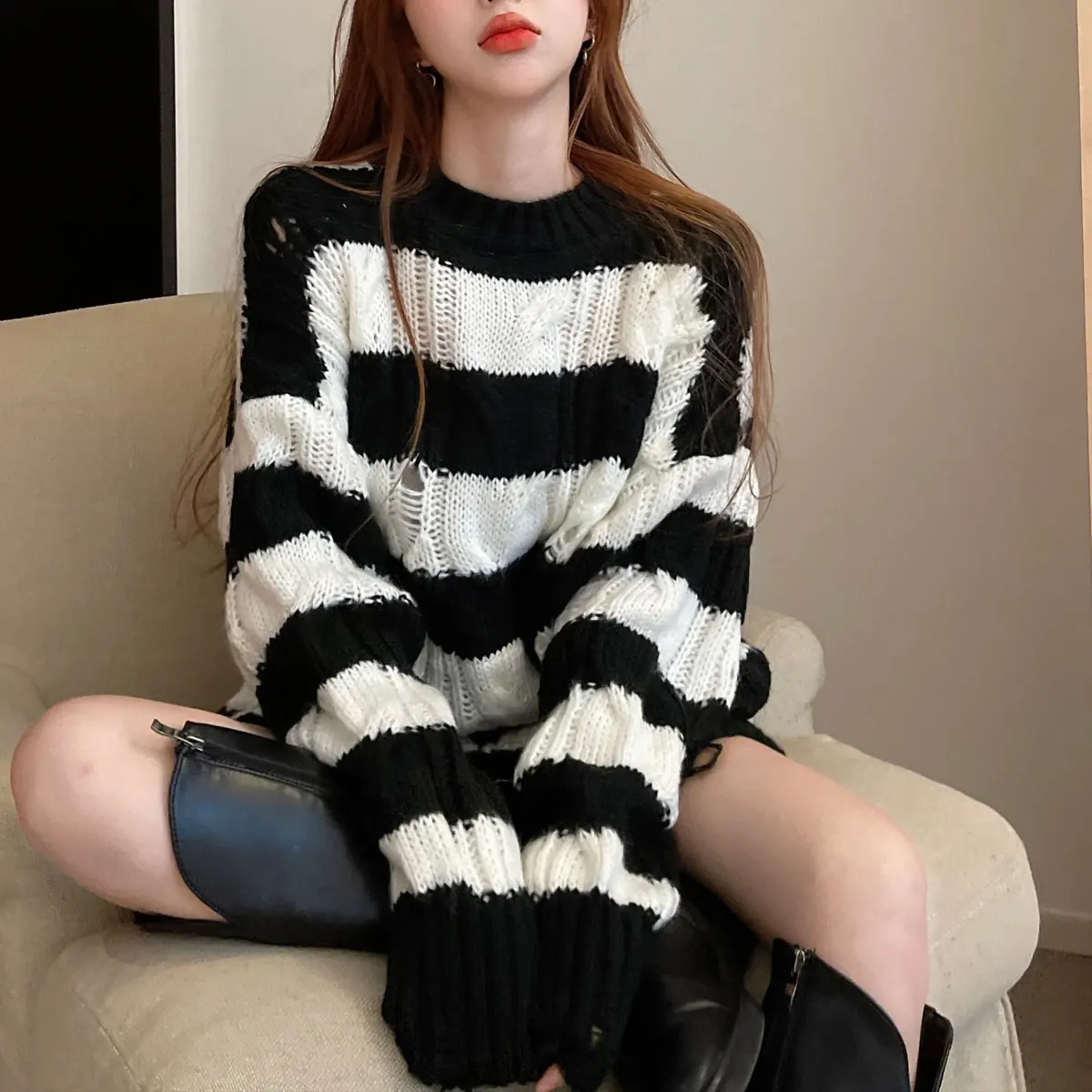 Ladies' Casual Long Sleeve Knitted Sweater Striped Sexy Hole Design Versatile Mid-Length Autumn Fashion Korean Style Straight...