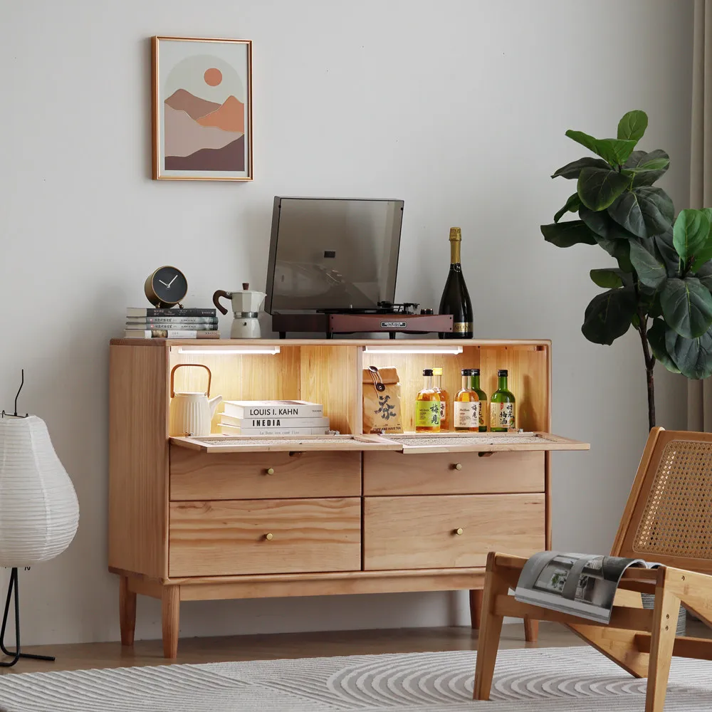 Rattan Front Wooden Drawer Cabinet, Floor Standing Storage Unit for Living Room & Bedroom, Natural Style