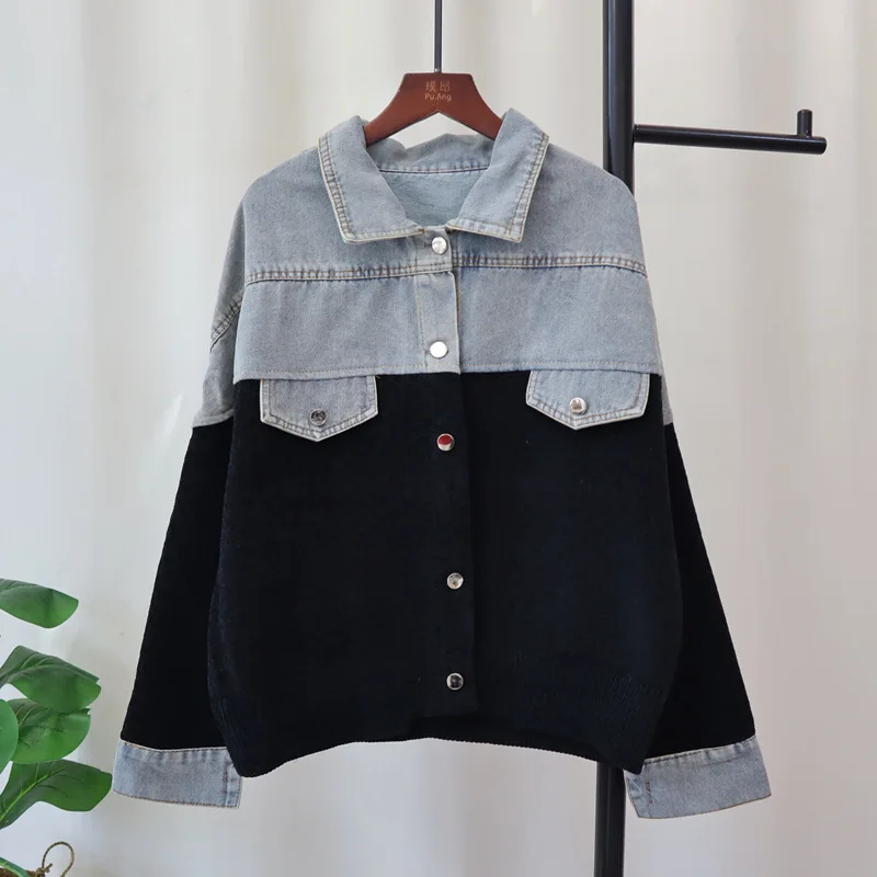 Denim Nähte Strickjacke Jacke Frauen Herbst Winter Neue Koreanische Casual V-ausschnitt Lose Tasche Design Übergroßen Pullover Mantel