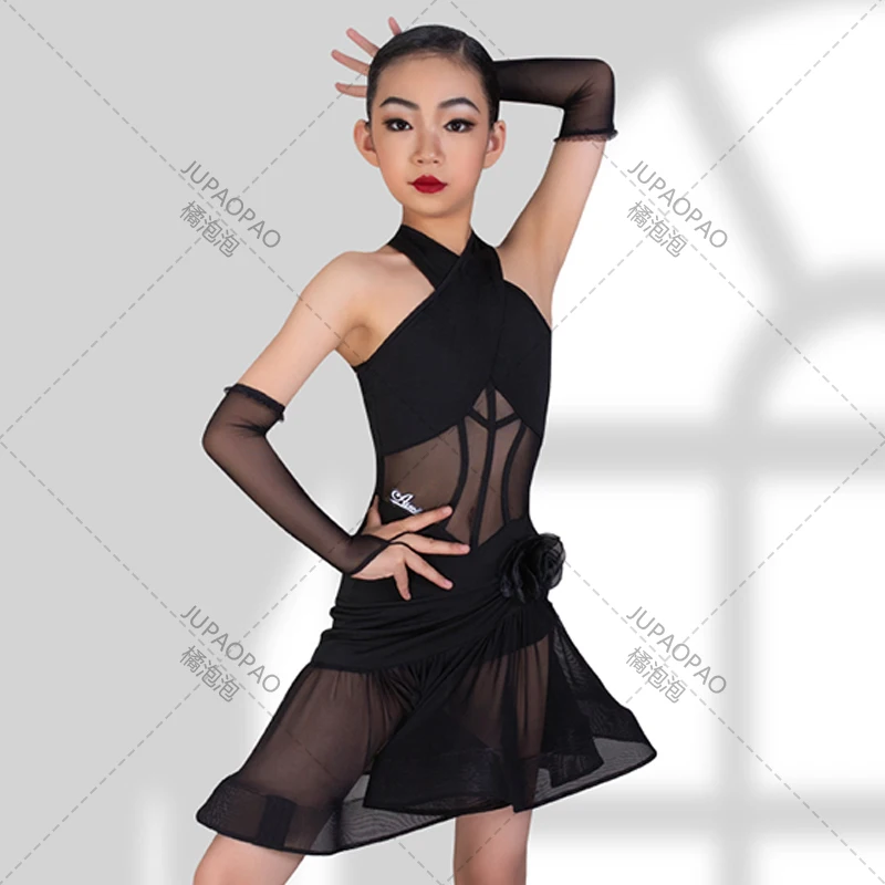 Kids Latin Dance Dress Girls Competition Clothing Halter Neck Mesh Dress Rumba Ballroom Dance Performance Dress Black