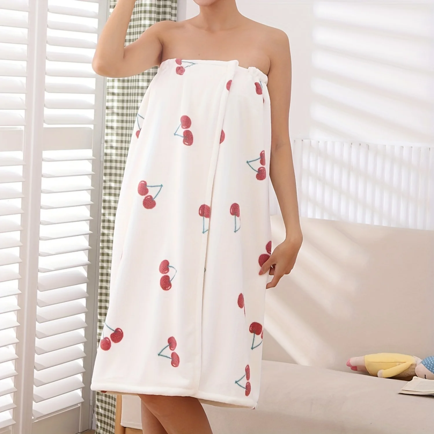 1pc Super Absorbent Cherry Print Women's Shower Towel Robe | Adjustable Bathrobe for Spa, Sauna, Beach, and Pool - Ideal Bathroo