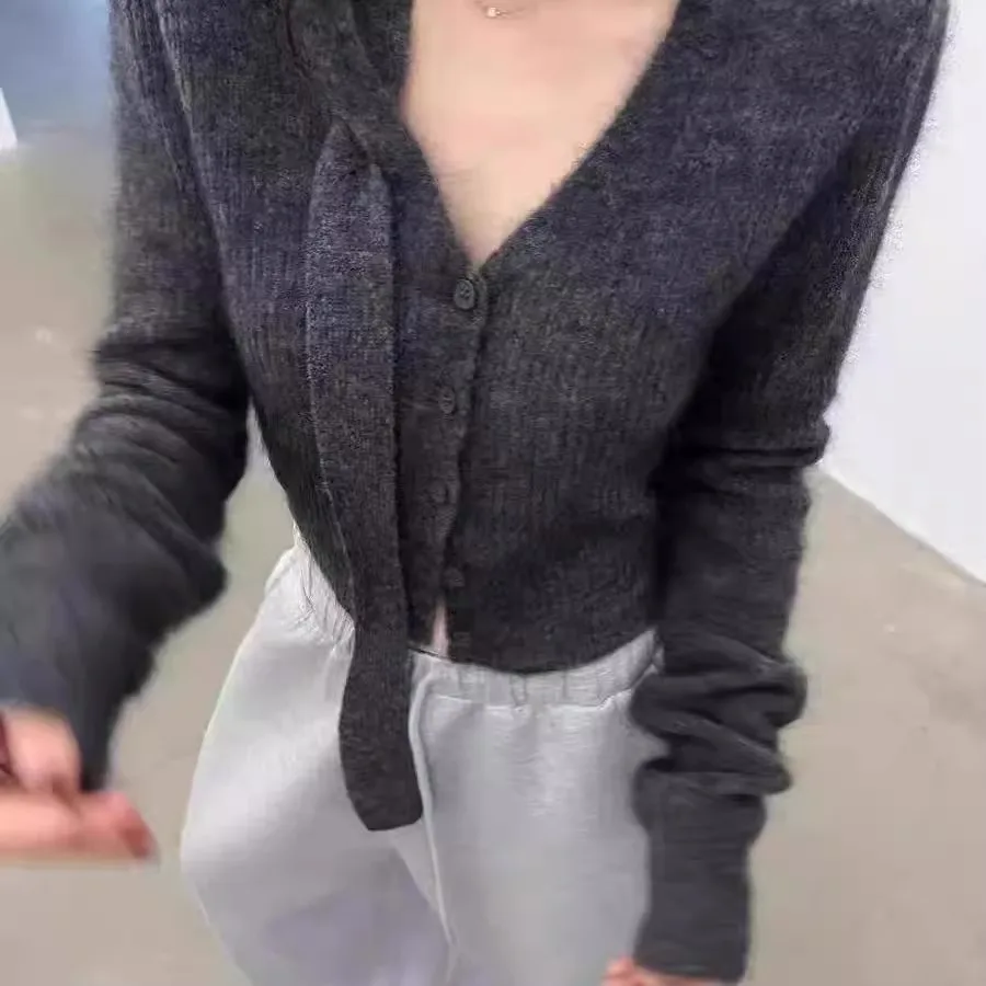 سترة نسائية محبوكة من الكشمير برقبة على شكل حرف V، سترة صوف قصيرة للخريف والشتاء، معطف بطبقة أساسية #4