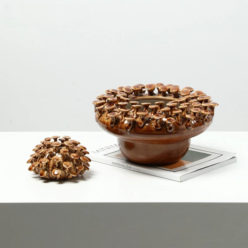 

New Chinese-style wabi sari mushroom ball kiln-changed glaze ceramic flower sales office villa entrance decoration cabinet