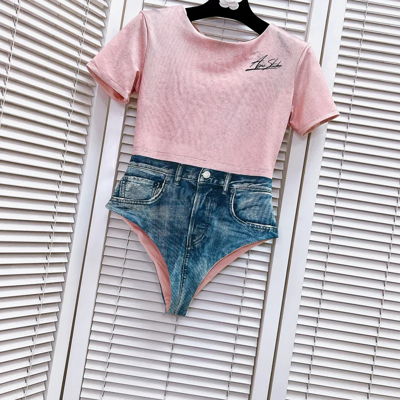 Women Bodysuit Fake Two Pieces Short Sleeve Round Neck Lace Up Skinny Rompers Denim Print Patchwork Outfits One Piece Jumpsuits