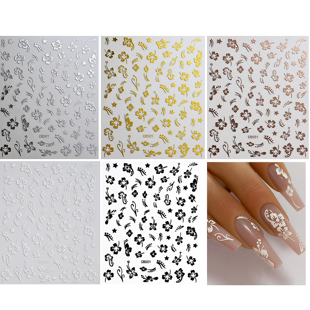 5Pcs/Set Hibiscus Flowers 3D Nail Art Sticker Gold Silver Petal Leaf Adhesive Decals Black White Floral Blossom Manicure Slider